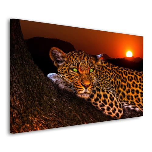 Kunstwelten24 Wandbild Leinwandbild Raubkatze Leopard Sunset Größe 90x60x2cm von ARTEDinoi