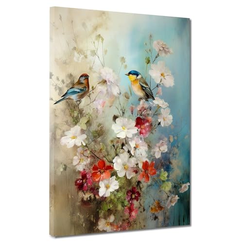 Blumen mit Vögel abstrakte Kunst Leinwandbild Wandbild Kunstdruck XL Deko Größe 30x40x2cm von ARTEDinoi