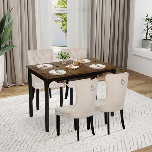 ARTETHYS Essgruppen Für 4-6 Personen, Esstisch Ausziehbar, Industriestil Esszimmertisch 110-149 x 70 cm mit 4 Samt Esszimmerstühle, Schwarz Eisenbeine für Küche Esszimmer und Wohnzimmer, Beige von ARTETHYS