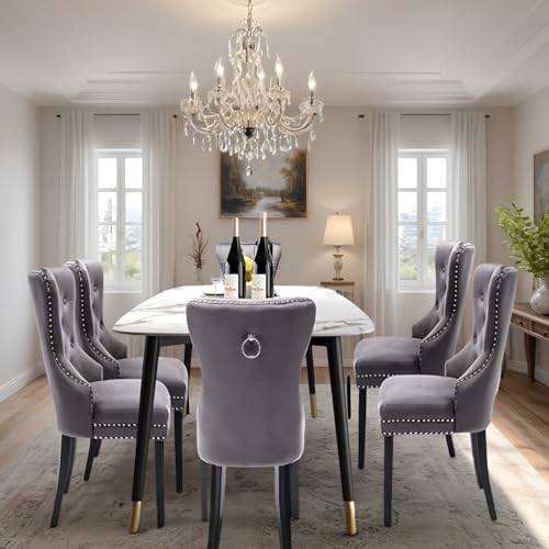 ARTETHYS Samt Esszimmerstühle 6er Set, Gepolstert Küchenstühle mit Eichenbeinen, Polsterstühle mit Armlehnen Rückenlehne für Esszimmer Wohnzimmer Küche, Tragkraft 150 kg, Grau von ARTETHYS