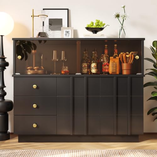 ARTETHYS Küchenschrank, Sideboard mit Glastüren, Buffetschrank 120cm mit 3 Schubladen und 2 Türen, Aufbewahrungsschrank mit Arbeitsplatte, Anrichte für Küche, Wohnzimmer, Flur und Esszimmer, Schwarz von ARTETHYS