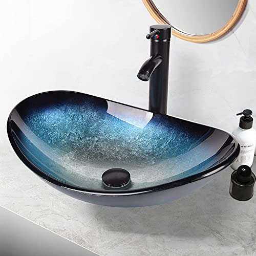 ARTETHYS Waschbecken Glas Aufsatzwaschbecken mit Wasserhahn Ablaufgarnitur, Oval Waschschale Waschtisch Set Blau, Schwarz, Bad Küche, Gäste WC von ARTETHYS