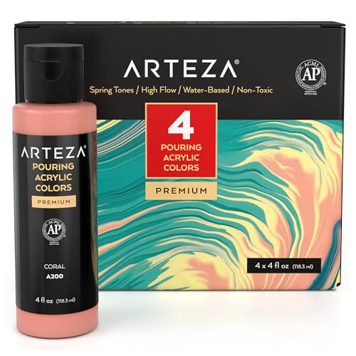 ARTEZA Acryl-Ausgießfarben-Set, 4 Frühlingsfarben, 113 ml Flaschen, High-Flow-Farbe, kein Mischen erforderlich, Kunstzubehör für Leinwand, Glas, Papier, Holz, Fliesen und Steine von ARTEZA