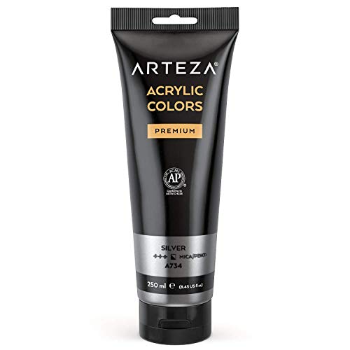 ARTEZA Acrylfarbe Silber 250 ml Tube, hochpigmentierte Künstlerfarbe zum Leinwand Bemalen, für Profis und Hobbymaler von ARTEZA