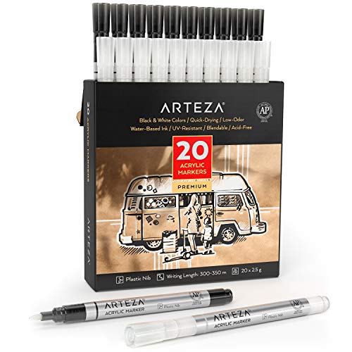 ARTEZA Acrylmarker, 20er-Set, (10x Weiß,10x Schwarz), wasserfeste Acrylstifte mit Kunststoffspitze, Stifte zum Steine Bemalen, für Metall, Leinwand, Keramikoberflächen, Glas, Holz und Stoff von ARTEZA