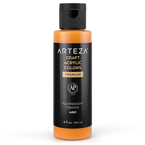 ARTEZA Craft Acrylfarbe, A801 Fluoreszierendes Orange, 118 ml Flasche, wasserbasierte, mischbare, matte Acrylfarbe für Kunst- und DIY-Projekte auf Glas, Holz, Keramik, Stoffen, Papier und Leinwand von ARTEZA