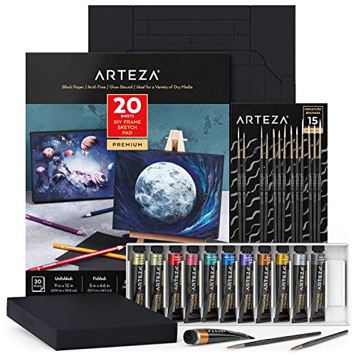 ARTEZA Gouache Farben Set, Malset für Erwachsene mit 12x Metallic Gouache Farben, faltbarem schwarzen Canvas Papier und Pinseln, Künstlerbedarf für Kinder, Profis und Hobbymaler von ARTEZA