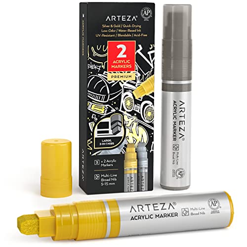 ARTEZA Metallic Acrylstifte, 2er-Set, Silber und Gold, 3-in-1-Multi-Line-Federn, 5-15 mm Strichbreite, UV-beständige Acryl Marker, Acrylmalstifte für Steine, Glas, Metall und Holz von ARTEZA