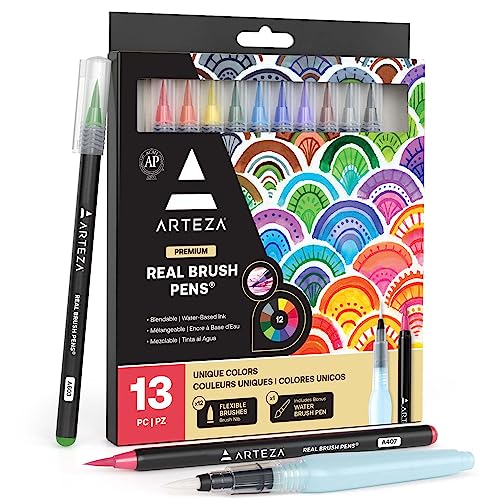 ARTEZA Pinselstift-Set | 12 Hochwertige Brush Pen Fasermaler | Aquarell-Pinselstifte auf Wasserbasis | Set mit 12 Verschiedenen Farben | Ideal zum Malen und Zeichnen von ARTEZA
