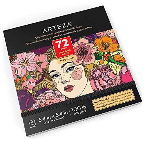 Arteza Portrait Malbuch für Erwachsene, 16.2 x 16.2 cm, Ausmalbuch mit 72 Motiven, abnehmbare 150 g/m² Blätter, schützendes Cover mit schwarzem elastischem Band, für Anti Stress und Entspannung von ARTEZA