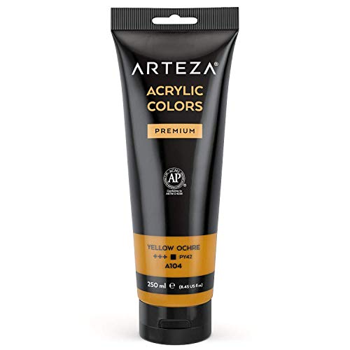 ARTEZA Acrylfarbe (Yellow Ochre) 250 ml Tube, hochwertige Künstlerfarbe für Acrylmalerei, Malfarben für Leinwand mit hoher Deckkraft, Gelber Ocker von ARTEZA