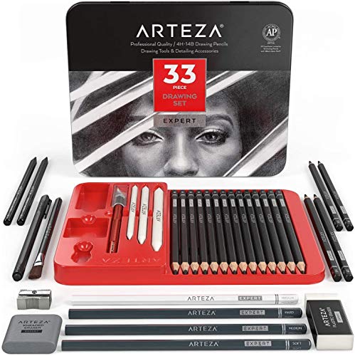 ARTEZA Zeichenset für Erwachsene, Zeichenstifte Set mit 33 Malwerkzeugen, beinhaltet 20 Graphit- und 4 Kohlestifte, 1 Fineliner, 3 Papierwischer, 1 Anspitzer, 3 Radiergummis und 1 Hobbymesser ARTEZA Zeichenset für Erwachsene, Zeichenstifte Set mit 33 Malwerkzeugen, beinhaltet 20 Graphit- und 4 Kohlestifte, 1 Fineliner, 3 Papierwischer, 1 Anspitzer, 3 Radiergummis und 1 Hobbymesser von ARTEZA