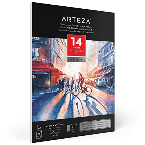 Arteza Aquarellblock A4 Expert, Malblock mit 14 Blatt, 100% Baumwolle, kaltgepresstes und säurefreies Aquarellpapier 140lb / 300 gsm, Malpapier für Wasserfarben und gemischte Malmedien von ARTEZA