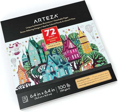 Arteza Architektur-Designs Malbuch für Erwachsene, 16.2 x 16.2 cm, Ausmalbuch mit 72 Motiven, abnehmbare 150 g/m² Blätter, schützendes Cover mit elastischem Band, für Anti Stress und Entspannung von ARTEZA