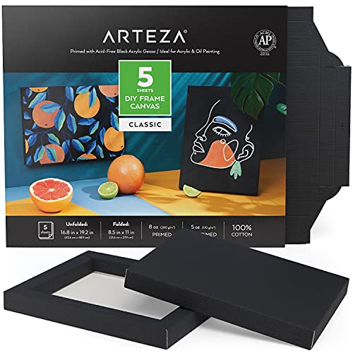 Arteza DIY Leinwand Rahmen, 5 Blatt, 21.33 x 27.94 cm – gefaltet, 100% Baumwolle, 226.79g schwarze Leinwand zum Bemalen, Malkarton für Acrylfarben, Ölmalerei und Zeichnungen von ARTEZA