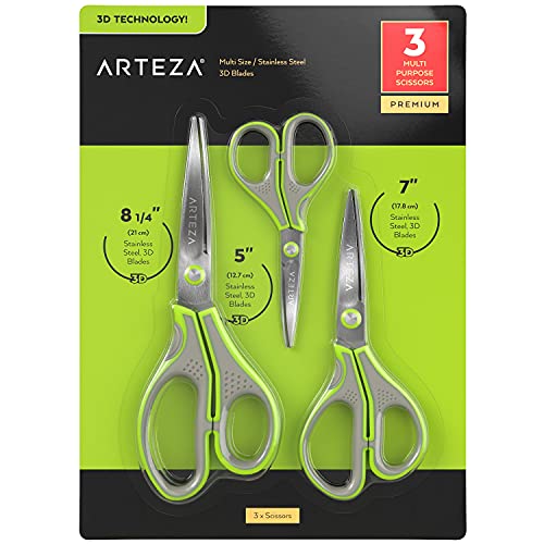 Arteza Haushaltsschere, Allzweckschere 3er-Set – 12,7 cm, 17,8 cm und 21 cm, Küchenschere mit 3D-Klingen, Bastelschere Schule von ARTEZA