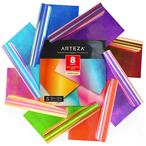 ARTEZA Hologramm Plotterfolie selbstklebend, 30.48 x 30.48 cm, 8er-Set Vinylfolie, mehrfarbige Opal-Bastelblätter in Blau und Grün, leicht zu schneiden, Vinyl Klebefolie für Innen- und Außen von ARTEZA