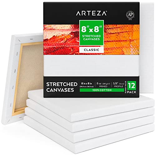 Arteza Leinwand Keilrahmen, 20.3 x 20.3cm Großpack mit 12 bespannten Keilrahmen, weiße grundierte 100% Baumwolle, für Malerei, Acrylgießen, Ölfarben & nasse Kunstmedien, Leinwände für Profis & Hobby von ARTEZA