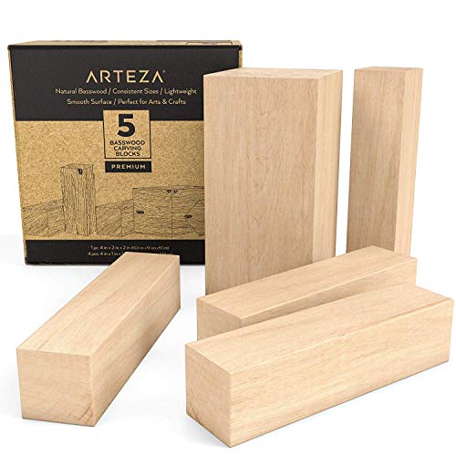 Arteza Linde Holzblöcke zum Schnitzen & Basteln, 5-teiliges Set mit 1 10x5x5 cm & 4 10x2,5x2,5 cm Blöcken, natürliches Lindenholz, Schnitzholz für Kunst, Handwerk & DIY, glatt poliert von ARTEZA