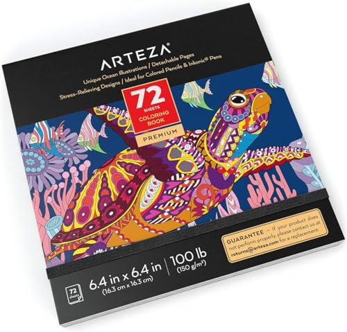 Arteza Ozeanmuster Malbuch für Erwachsene, 16.2 x 16.2 cm, Ausmalbuch mit 72 Motiven, abnehmbare 150 g/m² Blätter, schützendes Cover mit elastischem Band, für Anti Stress und Entspannung von ARTEZA