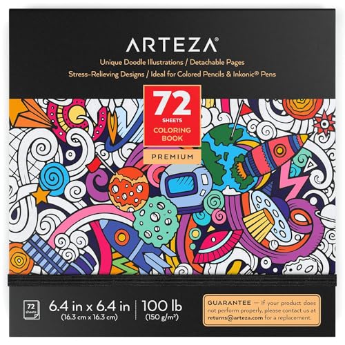 Arteza Malbuch für Erwachsene, Ausmalbuch mit 72 Motiven, Doodle Malbuch 150g/m2, 16.3 x 16.3 cm, deutliche schwarze Konturlinien, Anti Stress und Entspannung, abnehmbare Seiten von ARTEZA