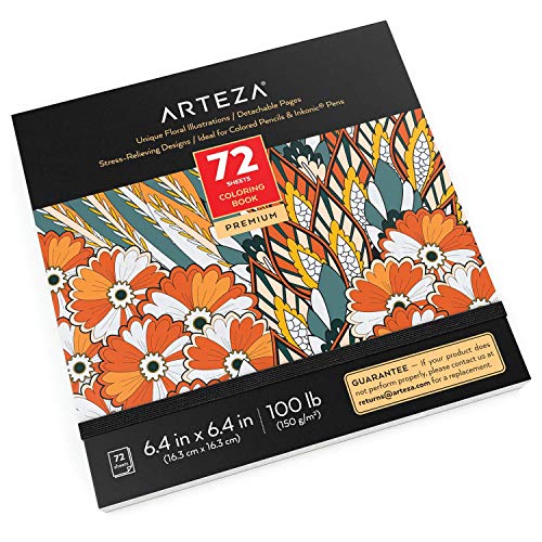 Arteza Malbuch für Erwachsene Blumen, Ausmalbuch mit 72 Motiven, deutliche schwarze Konturlinien, 150g/m², 16.25 x16.25 cm, Anti Stress und Entspannung, abnehmbare Seiten von ARTEZA