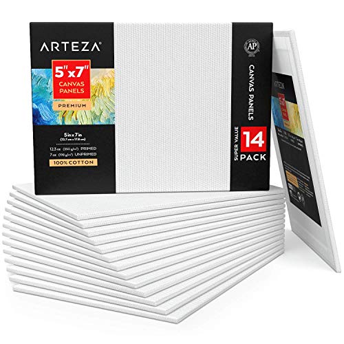 Arteza Malkarton, 12.7 x 17.8 cm, 14 Leinwände im Großpack, grundierte Malpappe 100% Baumwolle, 350 g/m², für Malerei, Acrylgießen, Ölfarben & nasse Kunstmedien, weiße Leinwand für Profis & Hobby von ARTEZA