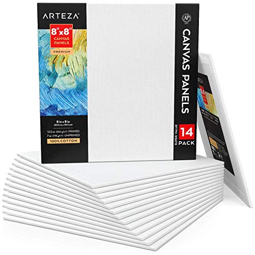 Arteza Malkarton 14er-Pack, weiße Leinwand 20 x 20 cm, 100% Baumwolle, grundierte Malpappe 350 g/m², für Acrylfarben, Ölfarben und Nass-Art Medien, Leinwände für Künstler & Hobbymaler von ARTEZA