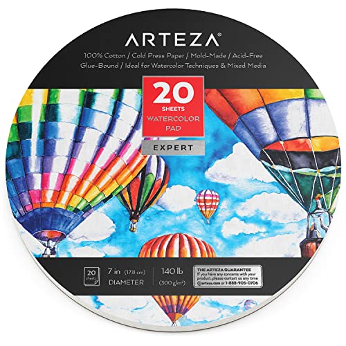 Arteza Runder Aquarellblock [17,8 cm Durchmesser, 20 Blatt], Aquarellpapier rund mit 300 g/m² dickem Papier, Wasserfarben Papier zum Zeichnen, Skizzieren und für Acryl- und Aquarellmalerei von ARTEZA