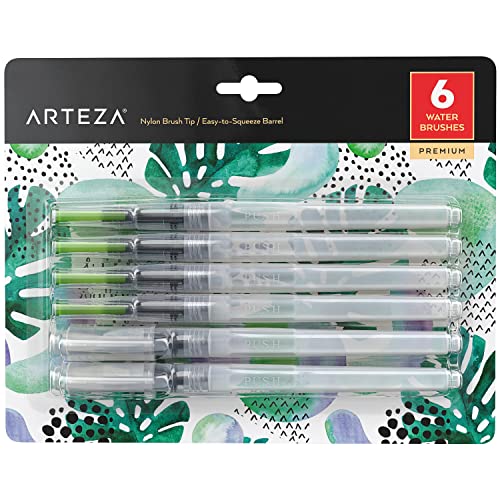 Arteza Wassertankpinsel 6er-Set, Wasserpinsel selbstbefeuchtend und tragbar, Aquarellpinsel mit Wassertank und verschiedenen Aufsätzen, für Aquarellmalerei & Aquarelleffekte von ARTEZA