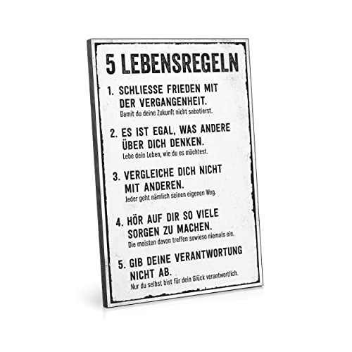 ARTFAVES® Holzbild mit Spruch - 5 Lebensregeln | modernes Holzschild schwarz-Weiss zur Dekoration oder als Geschenk zum Thema Motivation/Spiritualität/Persönlichkeitsentwicklung von ARTFAVES