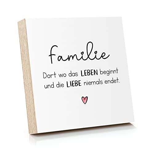 ARTFAVES® Holzbild mit Spruch - Familie - Dort wo das Leben beginnt und Liebe niemals endet | Deko Geschenk zum Thema Familie/Zuhause/Liebe/Größe: 14,8 x 14,8 cm von ARTFAVES