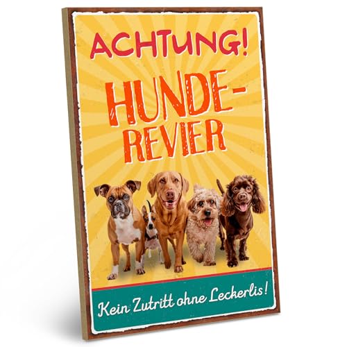 ARTFAVES® Wandbild Holzschild mit Spruch - Achtung Hunde-Revier - Türschild Retro Vintage Deko Bild Geschenk - Hund von ARTFAVES