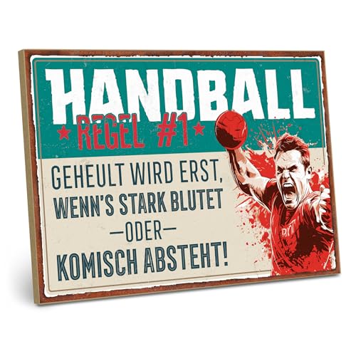 ARTFAVES® Holzschild mit Spruch - Handball Regel Nr 1 | Retro Vintage Schild Deko Geschenk | Handballer Geschenk | Größe: 28 x 19 cm von ARTFAVES