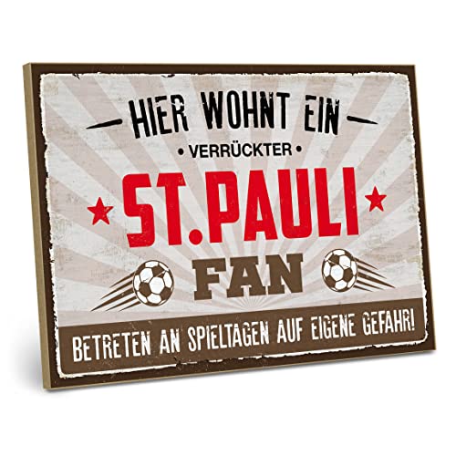 ARTFAVES® Holzschild mit Spruch - Hier wohnt EIN verrückter ST.Pauli Fan | Shabby Chic Vintage Schild | Deko Geschenk zum Thema Fussball | Größe: 28 x 19 cm von ARTFAVES