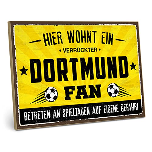 ARTFAVES® Holzschild mit Spruch - Hier wohnt EIN verrückter Dortmund Fan | Shabby Chic Vintage Schild | Deko Geschenk zum Thema Fussball, Borussia | Größe: 28 x 19 cm von ARTFAVES