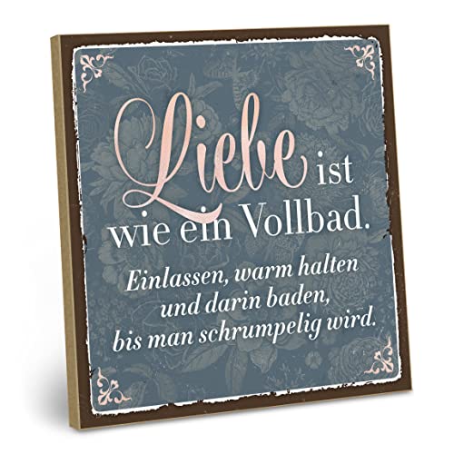 ARTFAVES® Holzschild mit Spruch - Liebe ist wie EIN Vollbad | Shabby Chic Vintage Schild | Deko Geschenk zum Thema Hochzeit, Valentinstag, Kennenlerntag, Verlobung | Größe: 19 x 19 cm von ARTFAVES