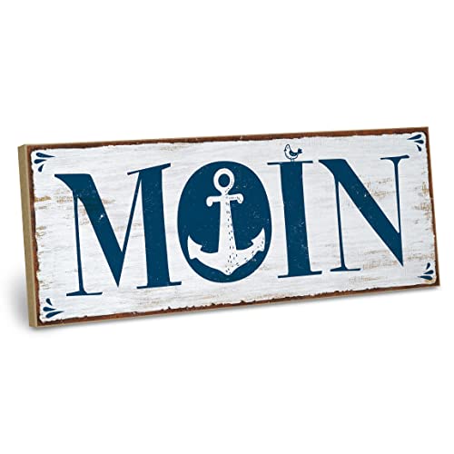 ARTFAVES® Holzschild mit Spruch - Moin | Shabby Chic Vintage Schild | Deko Geschenk zum Thema Hamburg, Nordsee, Meer, Maritime Deko | Größe: 28 x 10 cm von ARTFAVES