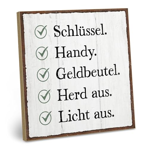 ARTFAVES® Holzschild mit Spruch - Schlüssel - Handy - Geldbeutel | Shabby Chic Schild Retro Vintage Deko Geschenk | Erinnerung, Vergesslichkeit | Größe: 19 x 19 cm von ARTFAVES