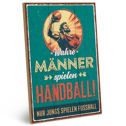 ARTFAVES® Holzschild mit Spruch - Wahre Männer spielen Handball | Retro Vintage Schild Deko Geschenk | Handballer Geschenk | Größe: 19 x 28 cm von ARTFAVES