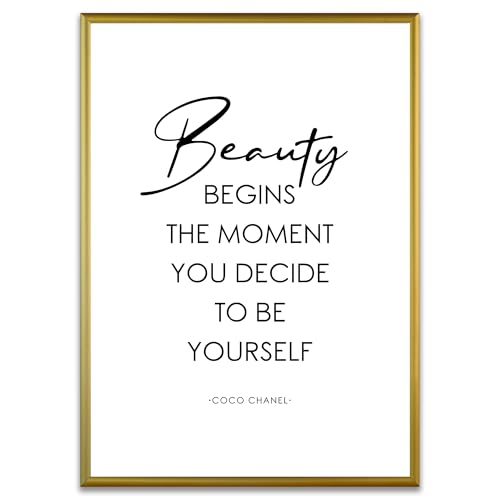 ARTFAVES® Poster - Beauty begins the moment you decide to be yourself | Wanddeko Wandbild Spruch Coco Fashion Mode | mit Rahmen Alu Gold | 30 x 40 cm von ARTFAVES