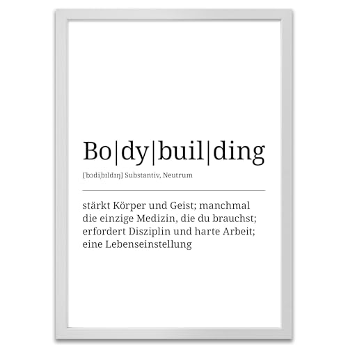 ARTFAVES® Poster Definition Bodybuilding | Worterklärung Duden Lexikon Wanddeko Wandbild Spruch als Geschenk | mit Rahmen Holz Weiss | 21 x 30 cm von ARTFAVES
