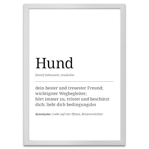 ARTFAVES® Poster Definition Hund | Worterklärung Duden Lexikon Wanddeko Wandbild Spruch als Geschenk | mit Rahmen Holz Weiss | 30 x 40 cm von ARTFAVES