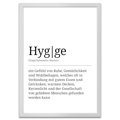 ARTFAVES® Poster Definition Hygge | Worterklärung Duden Lexikon Wanddeko Wandbild Spruch als Geschenk | mit Rahmen Holz Weiss | 30 x 40 cm von ARTFAVES