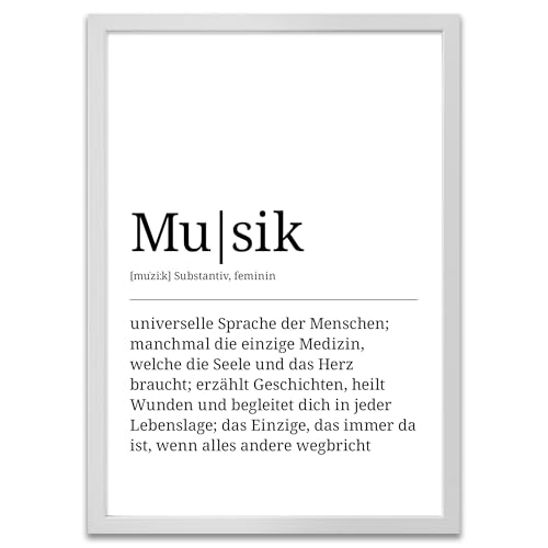 ARTFAVES® Poster Definition Musik | Worterklärung Duden Lexikon Wanddeko Wandbild Spruch als Geschenk | mit Rahmen Holz Weiss | 21 x 30 cm von ARTFAVES