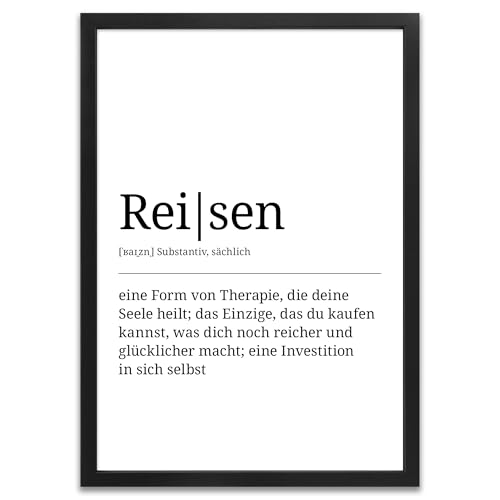 ARTFAVES® Poster Definition Reisen | Worterklärung Duden Lexikon Wanddeko Wandbild Spruch als Geschenk | mit Rahmen Holz Schwarz | 21 x 30 cm von ARTFAVES