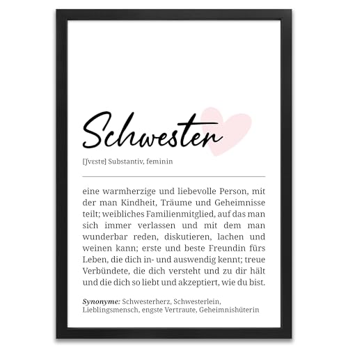 ARTFAVES® Poster Definition Schwester | Worterklärung Duden Lexikon Wanddeko Wandbild Spruch als Geschenk | mit Rahmen Holz Schwarz | 30 x 40 cm von ARTFAVES