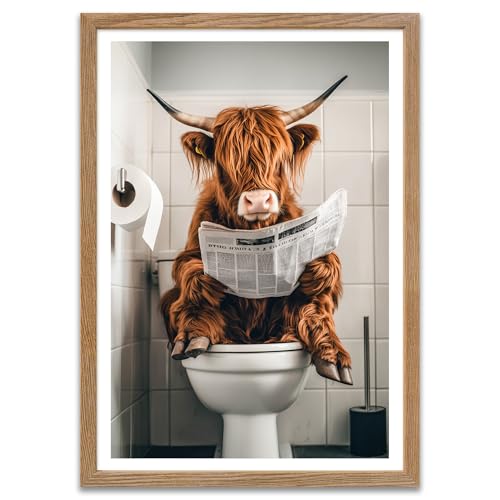 ARTFAVES® Poster - Kuh auf Toilette | Wanddeko Wandbild Badezimmer Toilette WC Bad Witzig | mit Rahmen Eiche | 30 x 40 cm von ARTFAVES