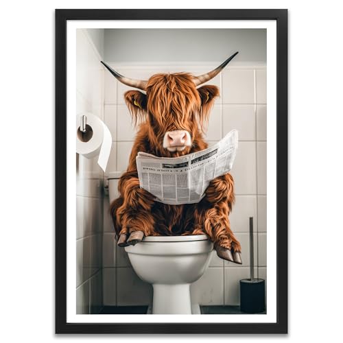 ARTFAVES® Poster - Kuh auf Toilette | Wanddeko Wandbild Badezimmer Toilette WC Bad Witzig | mit Rahmen Schwarz | 21 x 30 cm von ARTFAVES