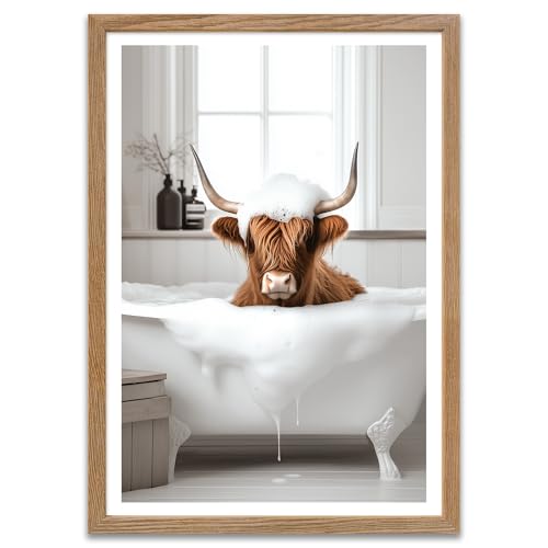ARTFAVES® Poster - Kuh in der Badewanne | Wanddeko Wandbild Badezimmer Bad Witzig | mit Rahmen Eiche | 21 x 30 cm von ARTFAVES